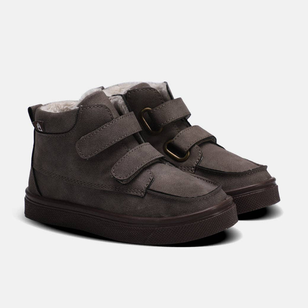 Gray Gabriel Young Boys Hook & Loop Boot featuring soft upper, faux fur lining, and two hook & loop straps for easy access.