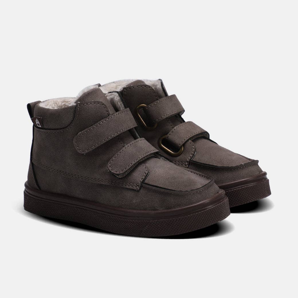 Gray Gabriel Young Boys Hook & Loop Boot featuring soft upper, faux fur lining, and two hook & loop straps for easy access.