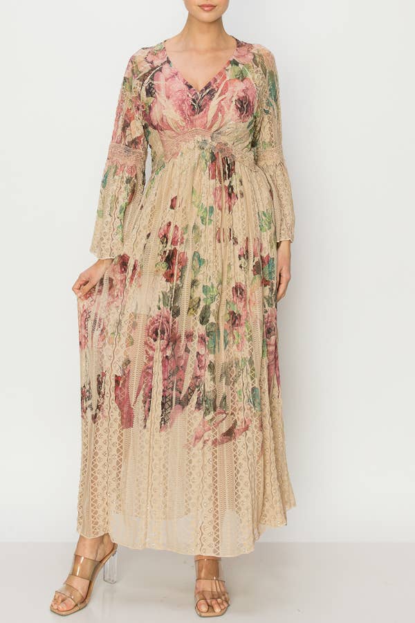 Origami Apparel ~  Lace and Crochet inspired - Romantic Lace Bell-Sleeved A-Line Midi Dress-4658TP-BIG ROSE