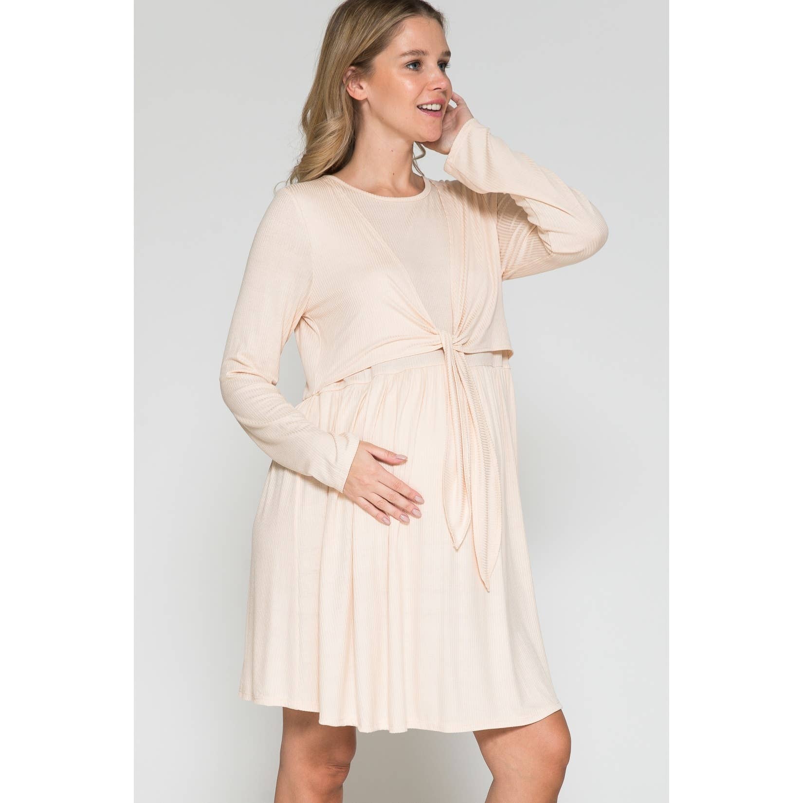Story Teller - Maternity Wrap Waist Ruched Ruffle Spring Midi Dress