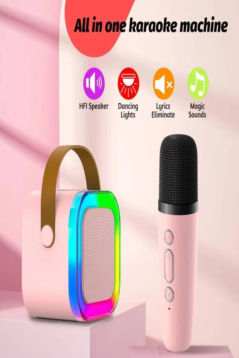 Karaoke Bluetooth Speaker Set featuring colorful LED lights and a microphone for portable entertainment.