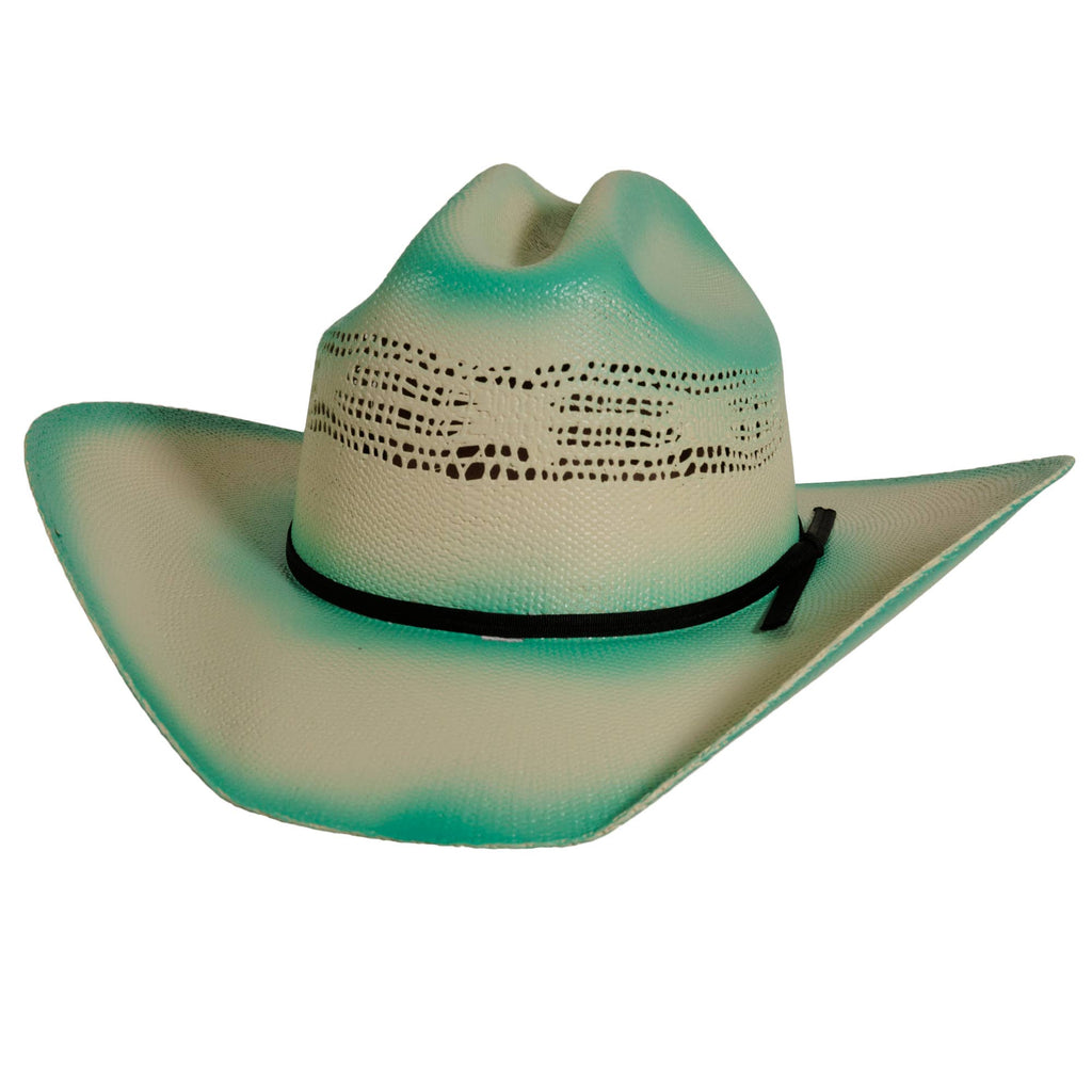 Turquoise cowboy hat with a cattleman shape, featuring a black two-cord band and an elastic sweatband for comfort.