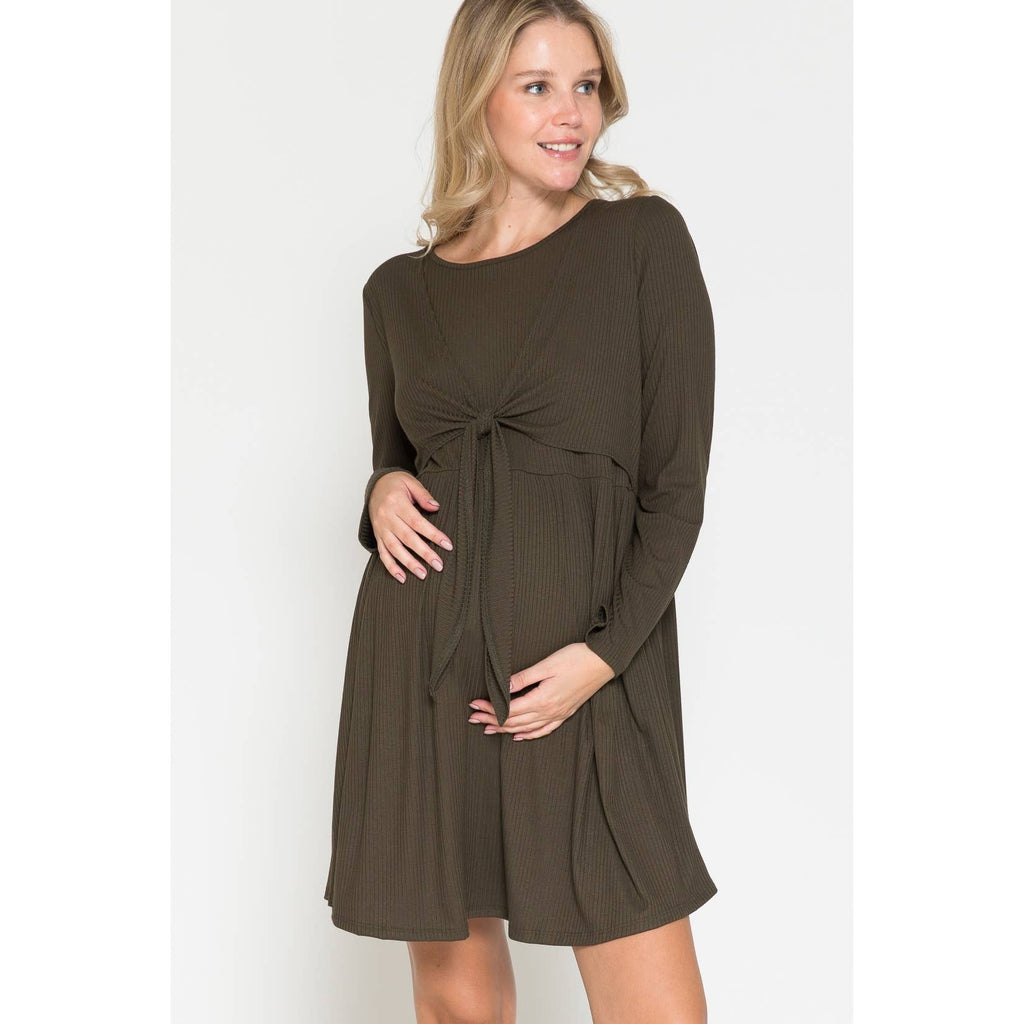 Story Teller - Maternity Wrap Waist Ruched Ruffle Spring Midi Dress