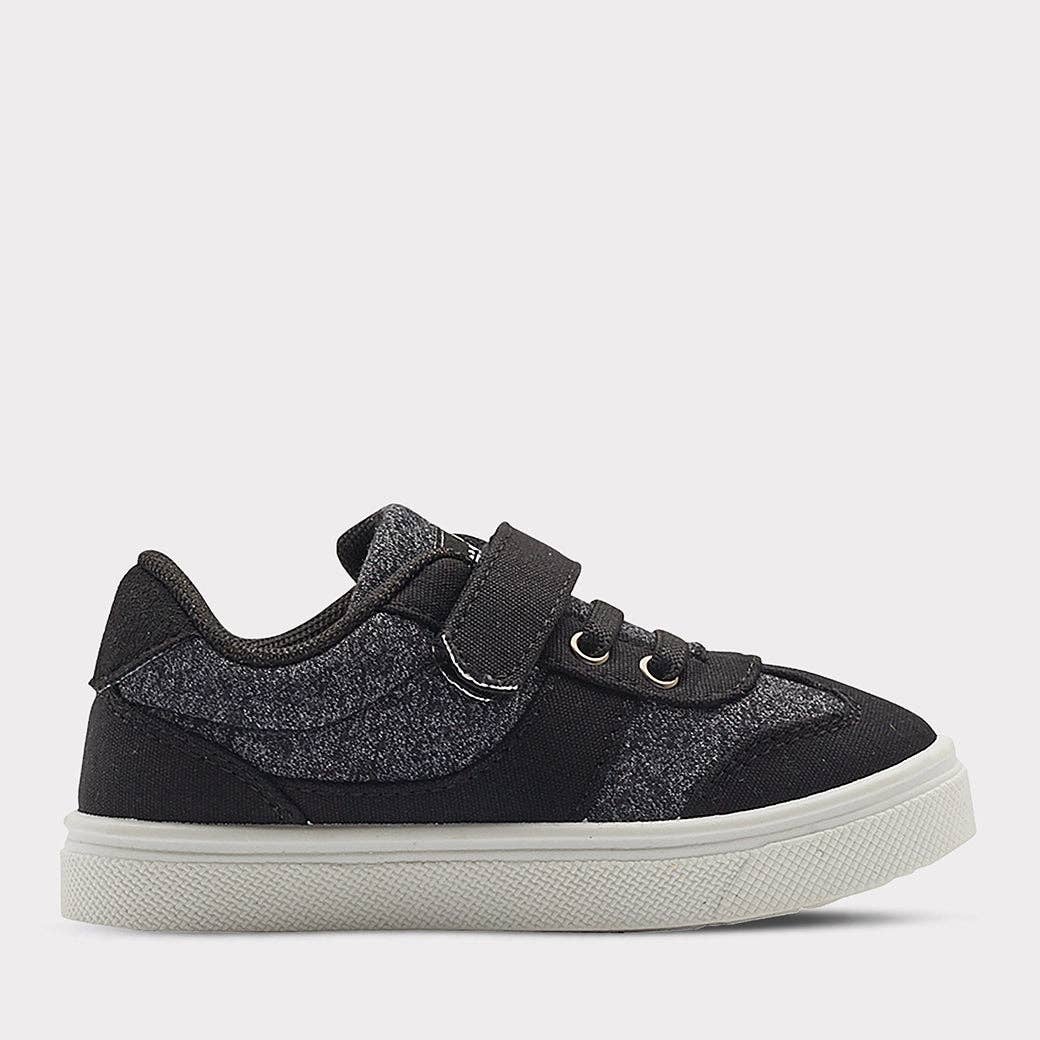 Sporty black and gray Kayden sneakers with hook & loop closure and elastic laces, perfect for active play.