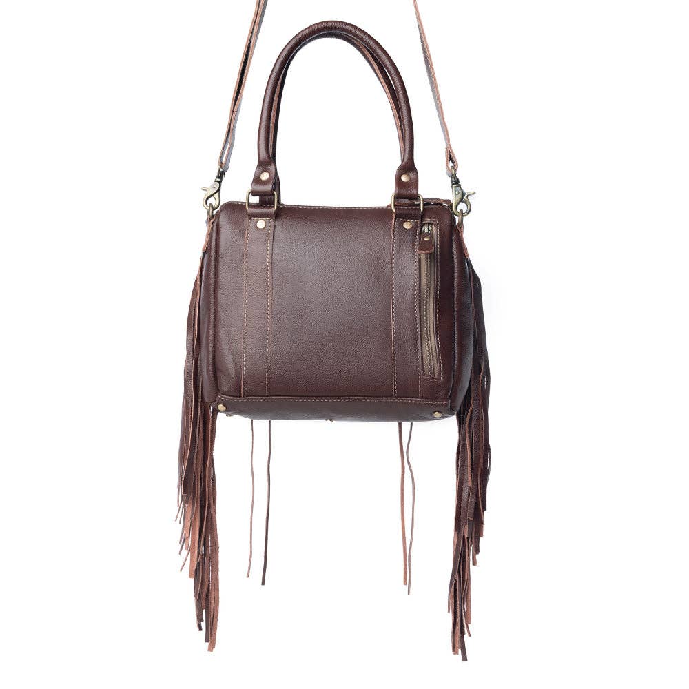 Fringe leather handbag in rich brown with a broad handle and shoulder strap, perfect for carrying essentials.