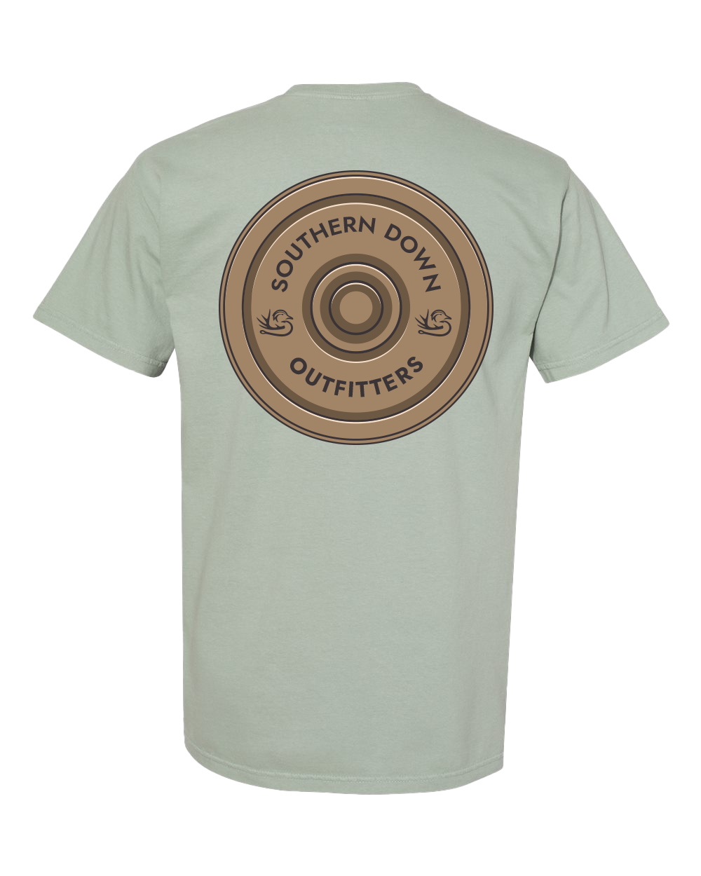 Light green SDO Shotgun Shell Logo Tee featuring a circular shotgun shell design and 'SOUTHERN DOWN OUTFITTERS' text on the back.