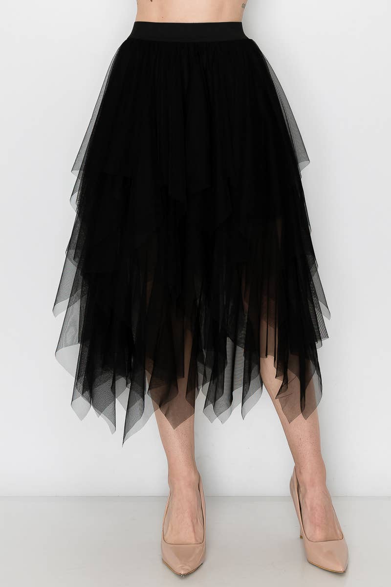 Origami Apparel ~  Lace and Crochet inspired - Dreamy Tiered Tulle Midi Skirt With Floaty Hem - 4546 BK