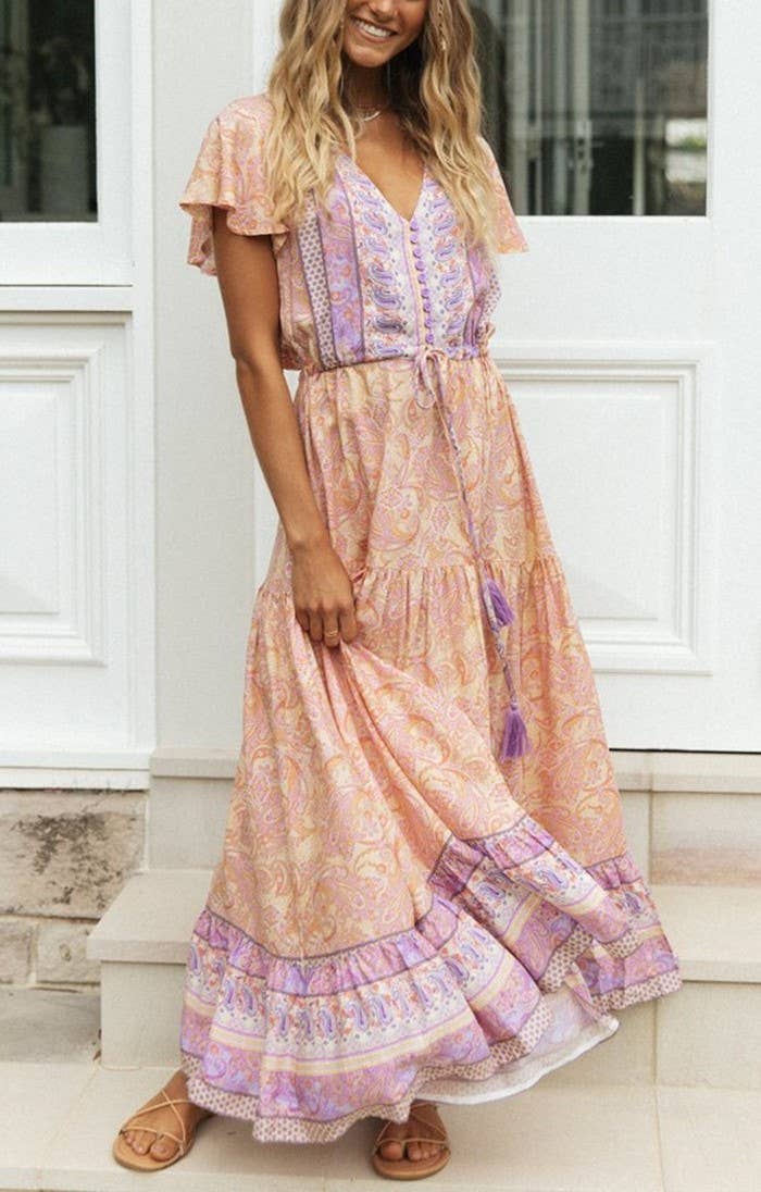 Rosa Clothing - Bohemia Border Print Flutter Sleeve Maxi Dress