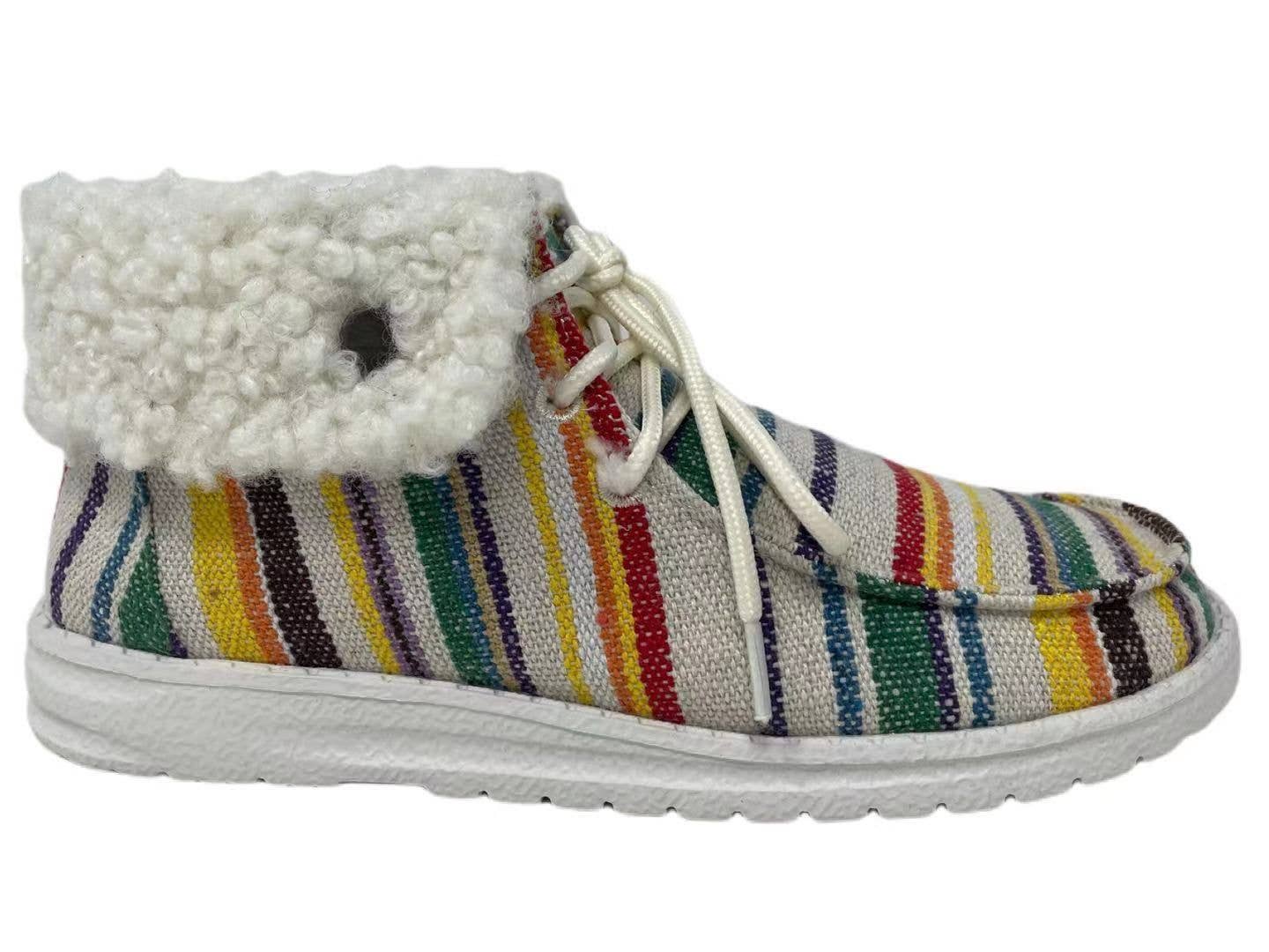 Multicolored striped casual sneaker with a white fluffy collar and lace-up design, perfect for everyday wear.
