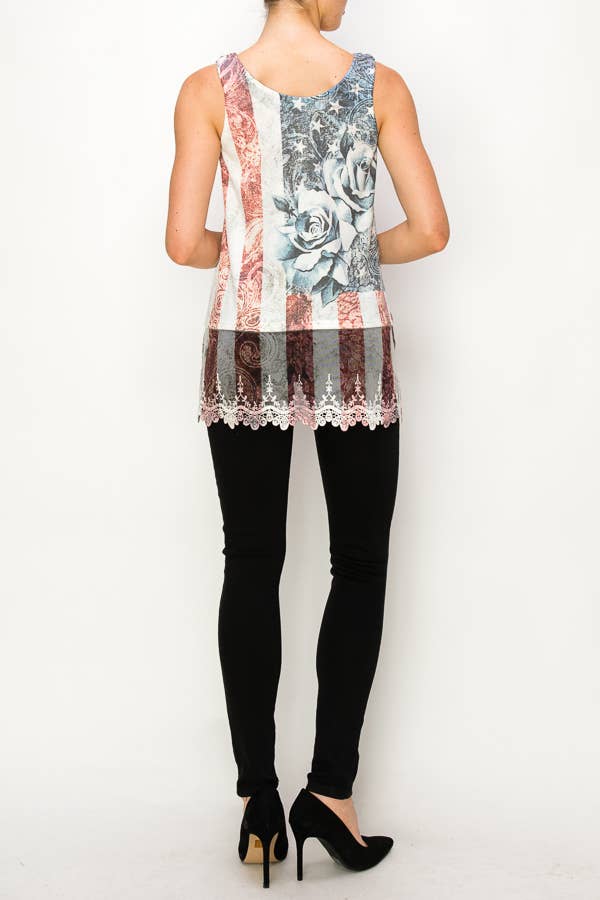 Origami Apparel ~  Lace and Crochet inspired - Soft Relaxed Tank With Delicate Floral Laced Hem - T08IVPATRIOTIC ROSE