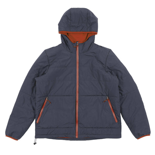 Quilted hooded jacket in dark color with orange lining, featuring zippered front pockets and contrasting trim.