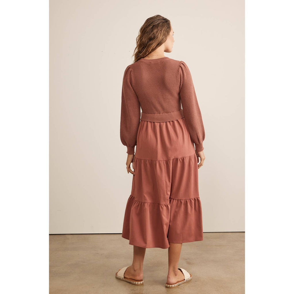 in february - SPECIAL MIXED MEDIA SWEATER MIDI DRESS WITH TIERED RUFFLES