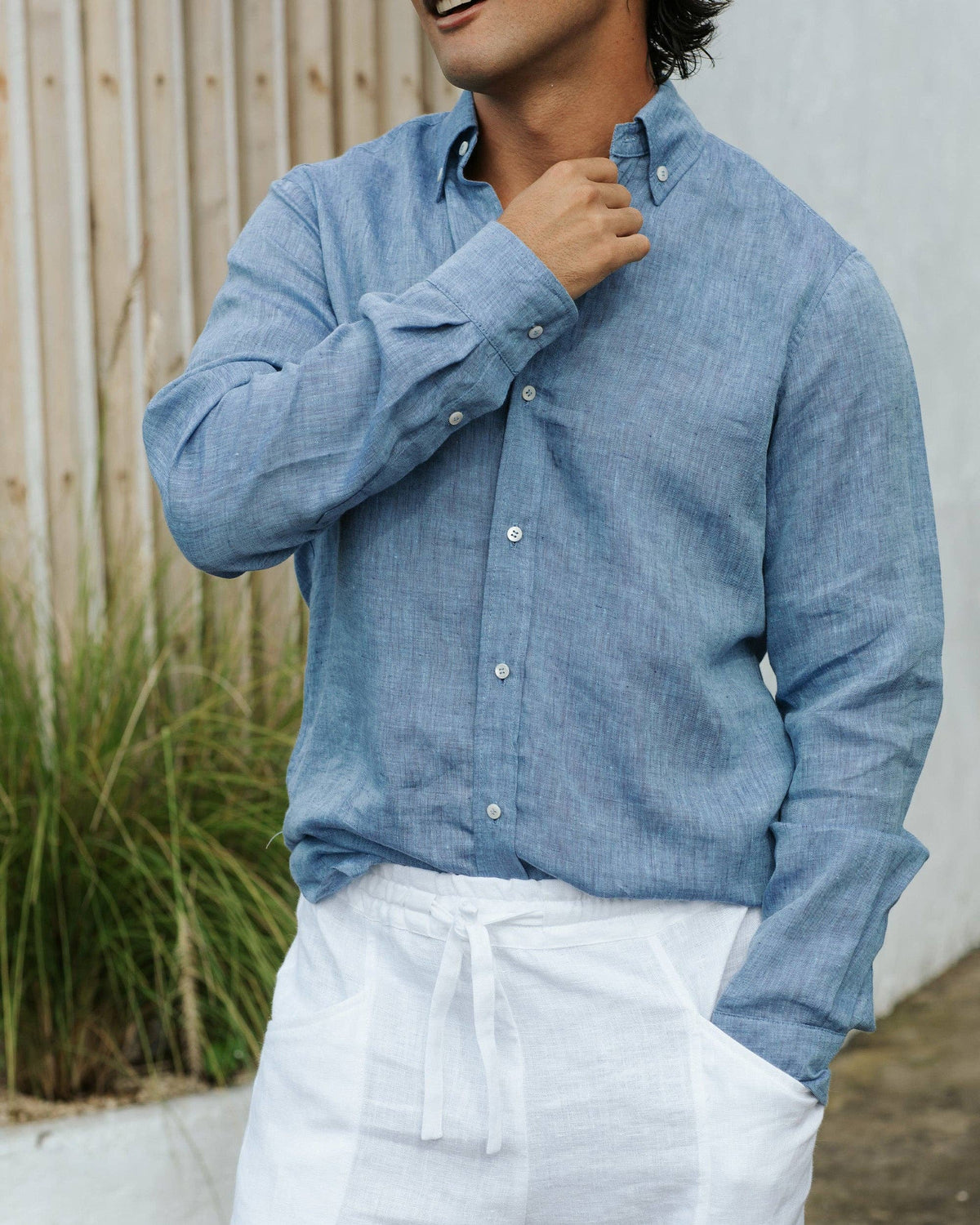 Long-sleeve, button-up Men's Linen Shirt WENGEN in Denim chambray with a textured light blue fabric.