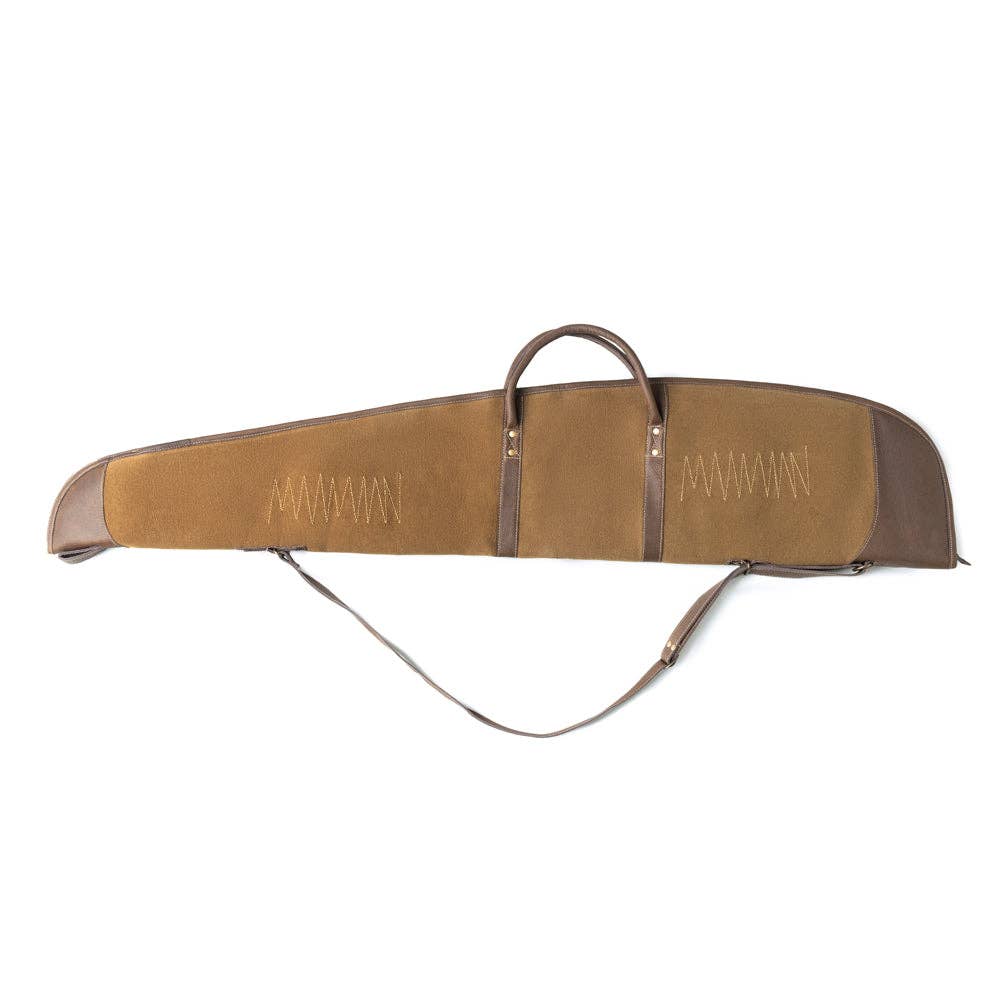 Long, slim antique olive rifle case made of cotton with leather panel accents, featuring a handle and shoulder strap for easy carrying.