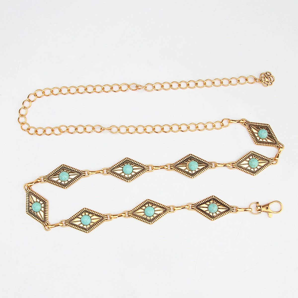 Waist chain belt featuring a vintage pattern with turquoise decorative elements and a gold-tone finish, perfect for boho or western styles.