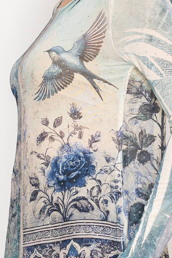 Origami Apparel ~  Lace and Crochet inspired - Sparkly Long Sleeve Sheer Mesh Top -OLS-4847BG BLUE BIRD