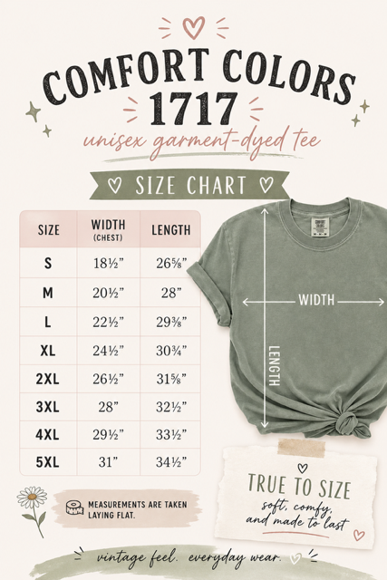 Size chart for a unisex garment-dyed tee showcasing various sizes and highlighting its vintage feel for everyday wear.
