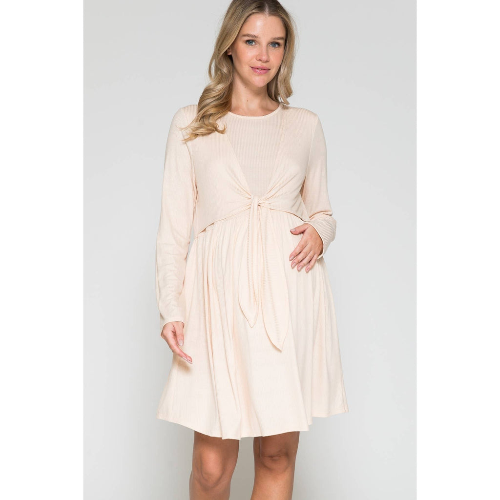 Story Teller - Maternity Wrap Waist Ruched Ruffle Spring Midi Dress