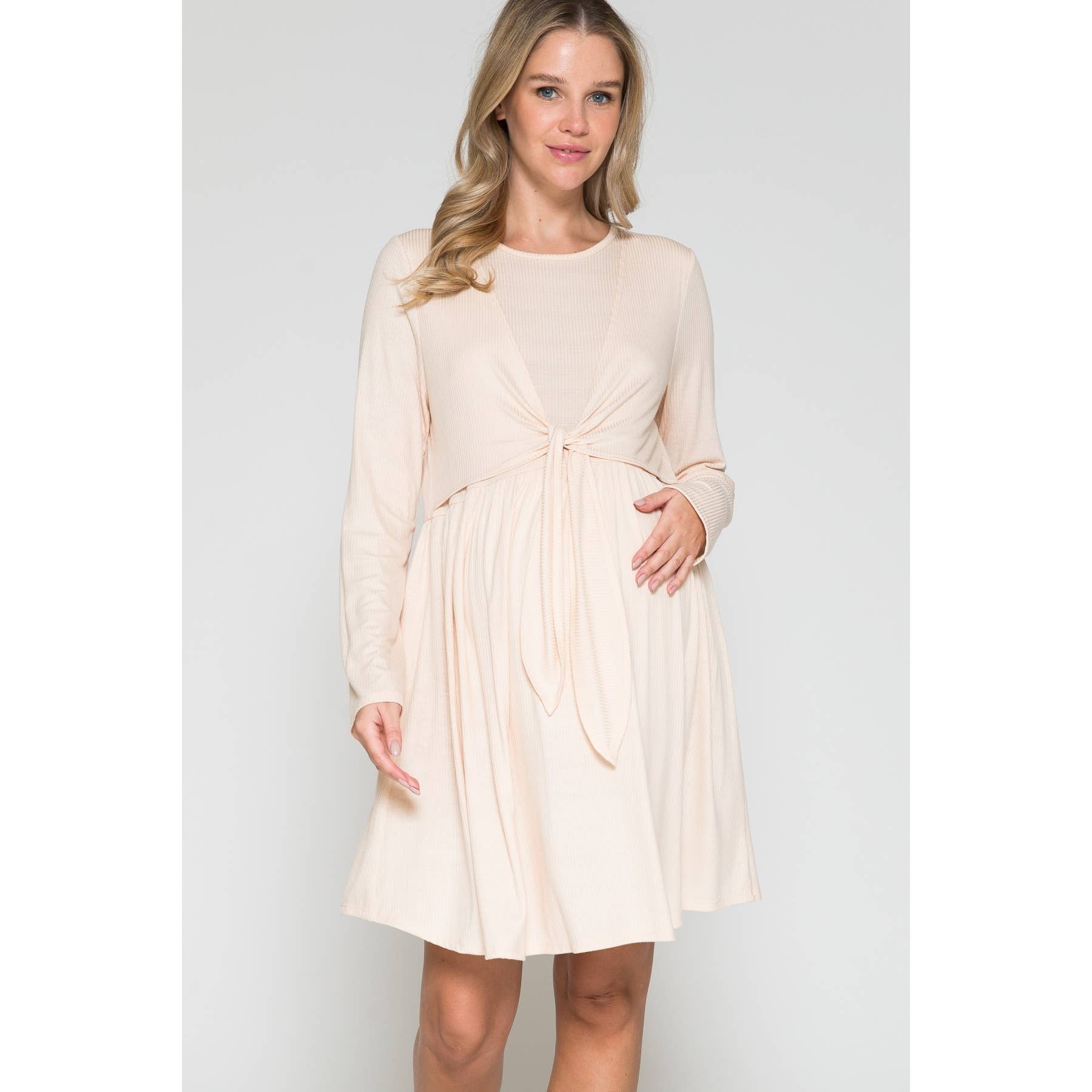 Story Teller - Maternity Wrap Waist Ruched Ruffle Spring Midi Dress