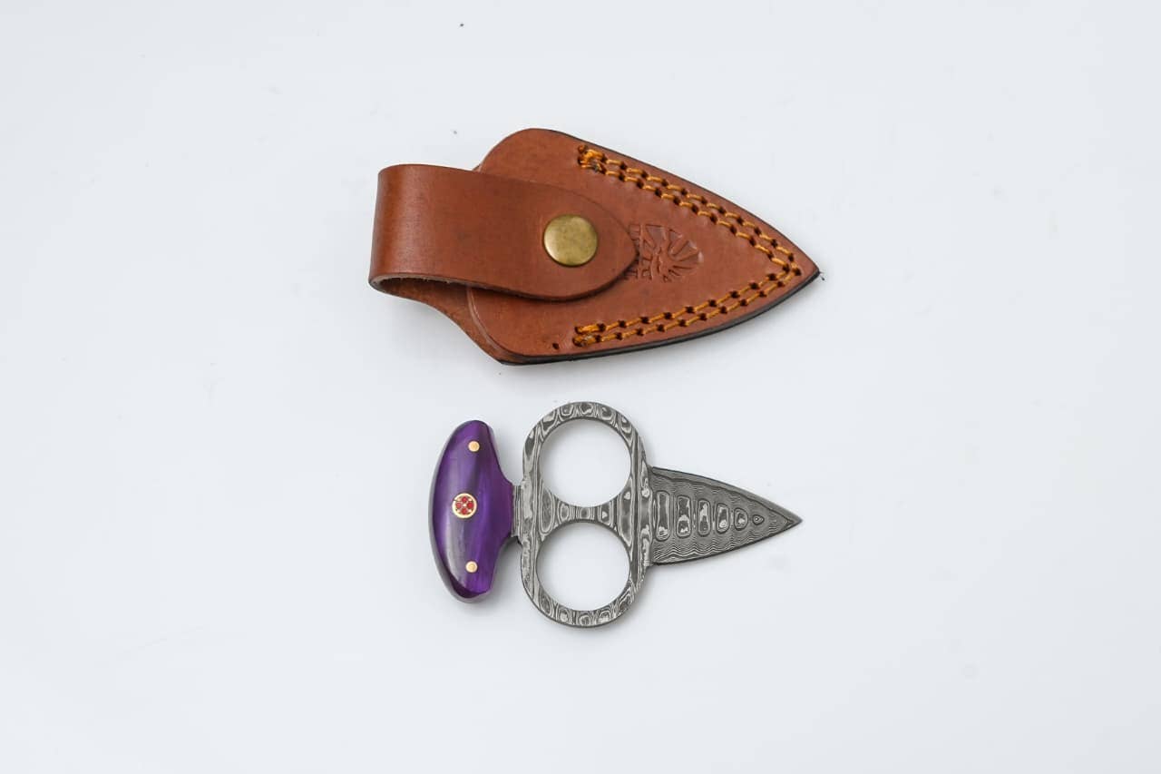 Titan International - Damascus Push Dagger with Purple Resin Handle & Leather Sheath