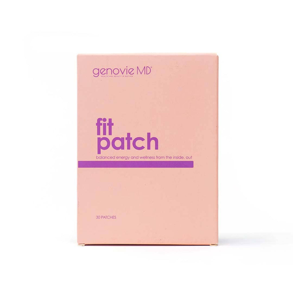 Pink box of Fit Patches by GenovieMD, featuring 30 patches for energy and cravings, prominently displaying the brand name.