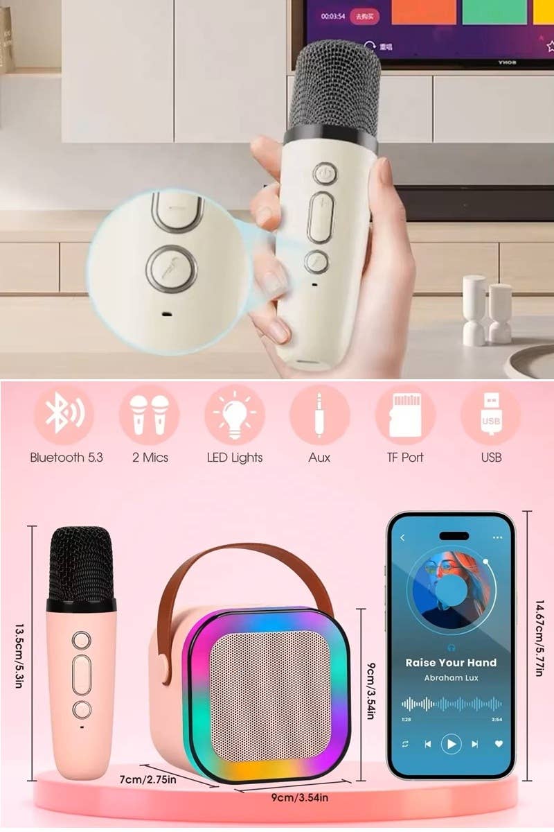 Karaoke Bluetooth Speaker Set with two microphones, LED lights, and multiple connection options for fun sing-alongs anywhere.