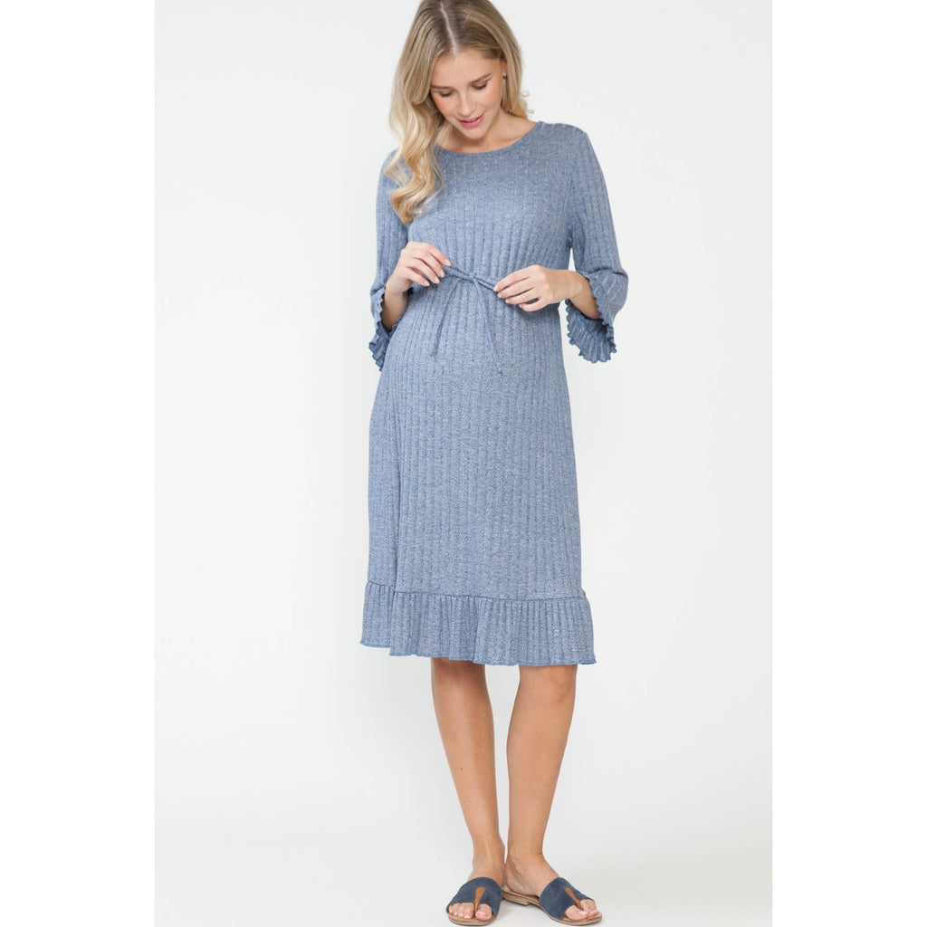 Story Teller - Maternity Waist Tie Ruched Ruffle Rib Midi Knee Length Dress