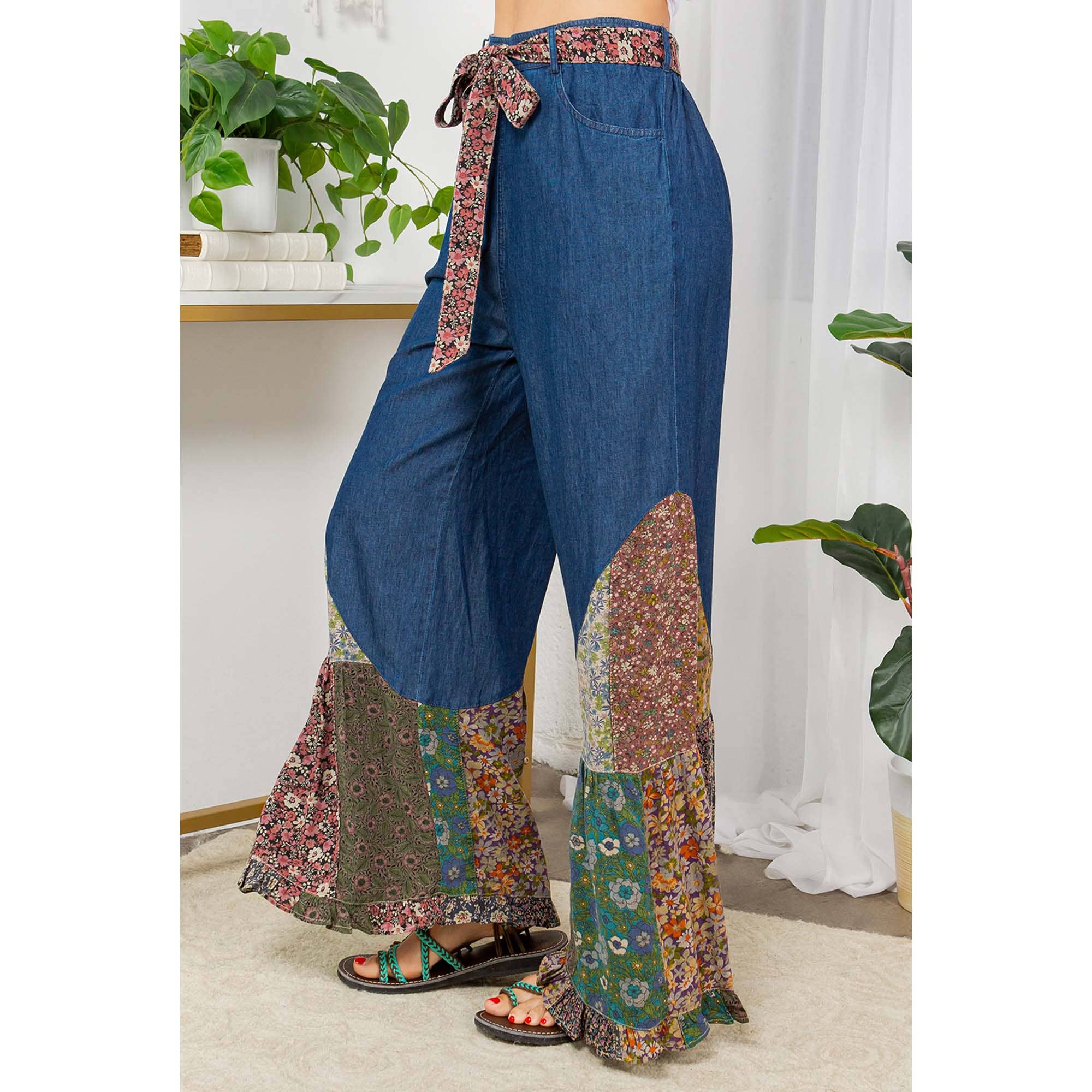 Young Threads - Boho Flare: Overdyed Denim Bellbottom Pants with Printed