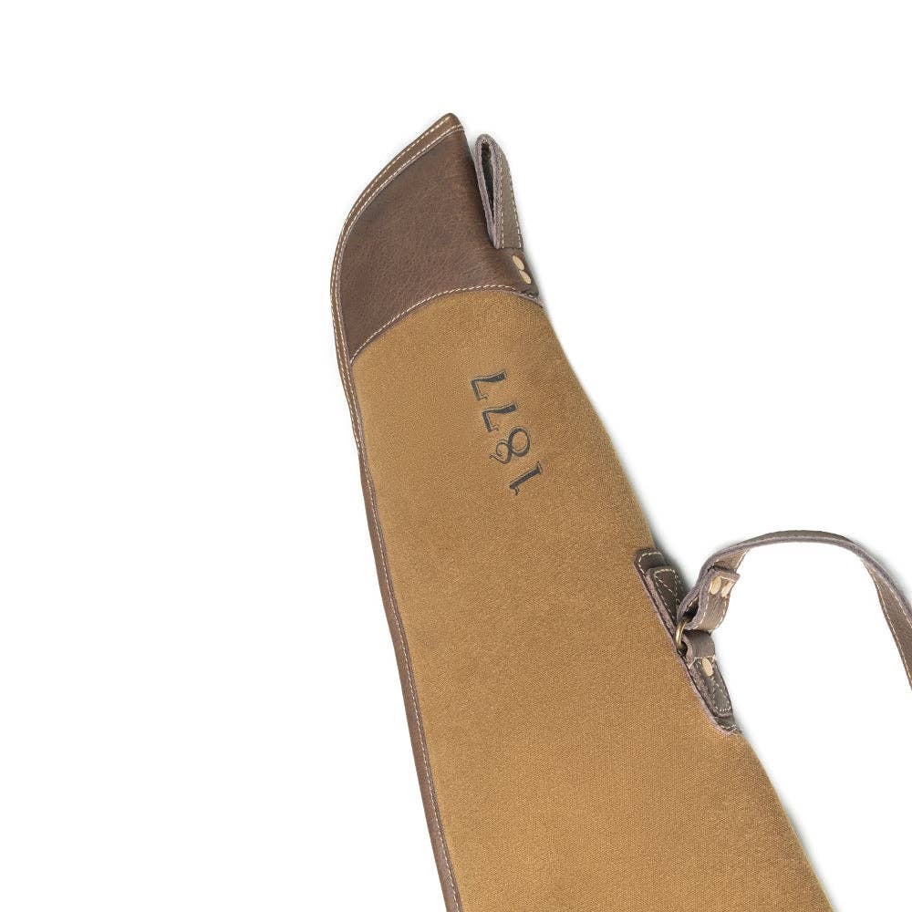 Long Range Cotton Leather Rifle Case in antique olive with stitched detailing, leather accents, and reinforced edging.