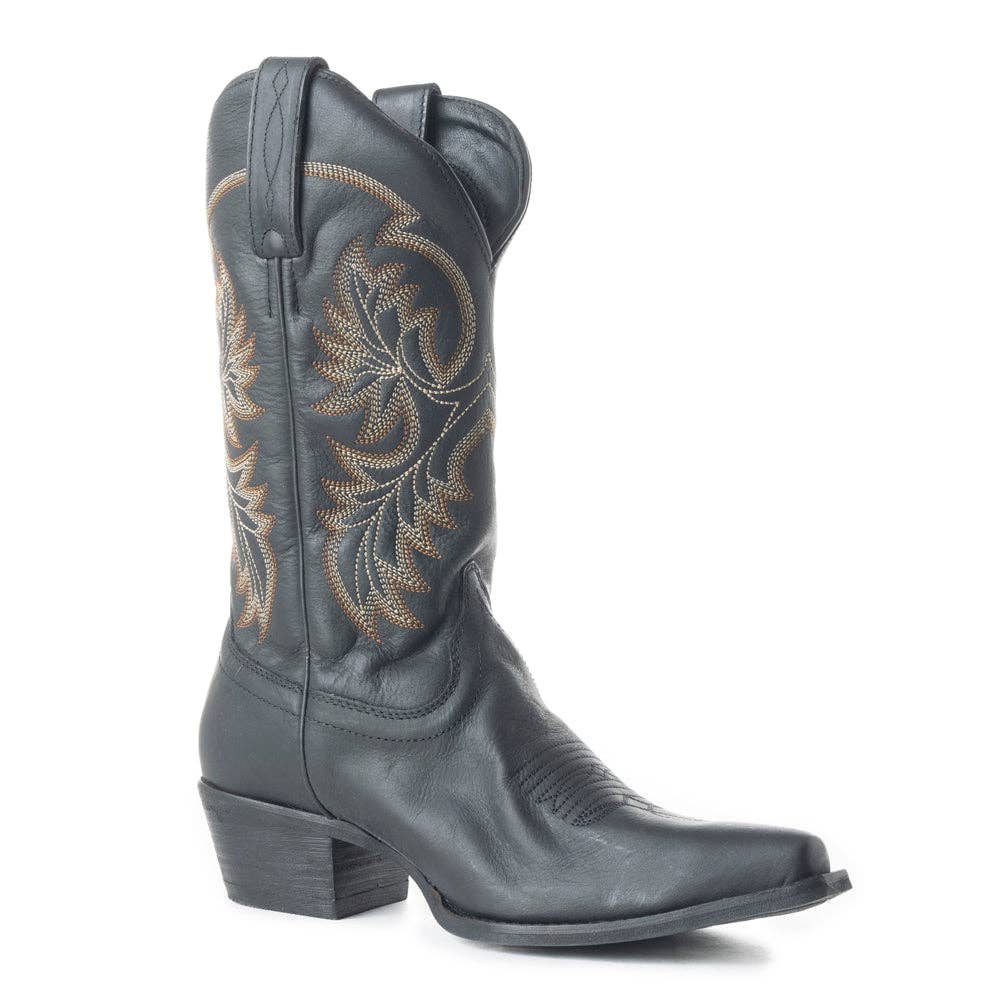 Dark blue leather Fresco boot featuring engraved designs, a pointed toe, and a slight curve at the top.