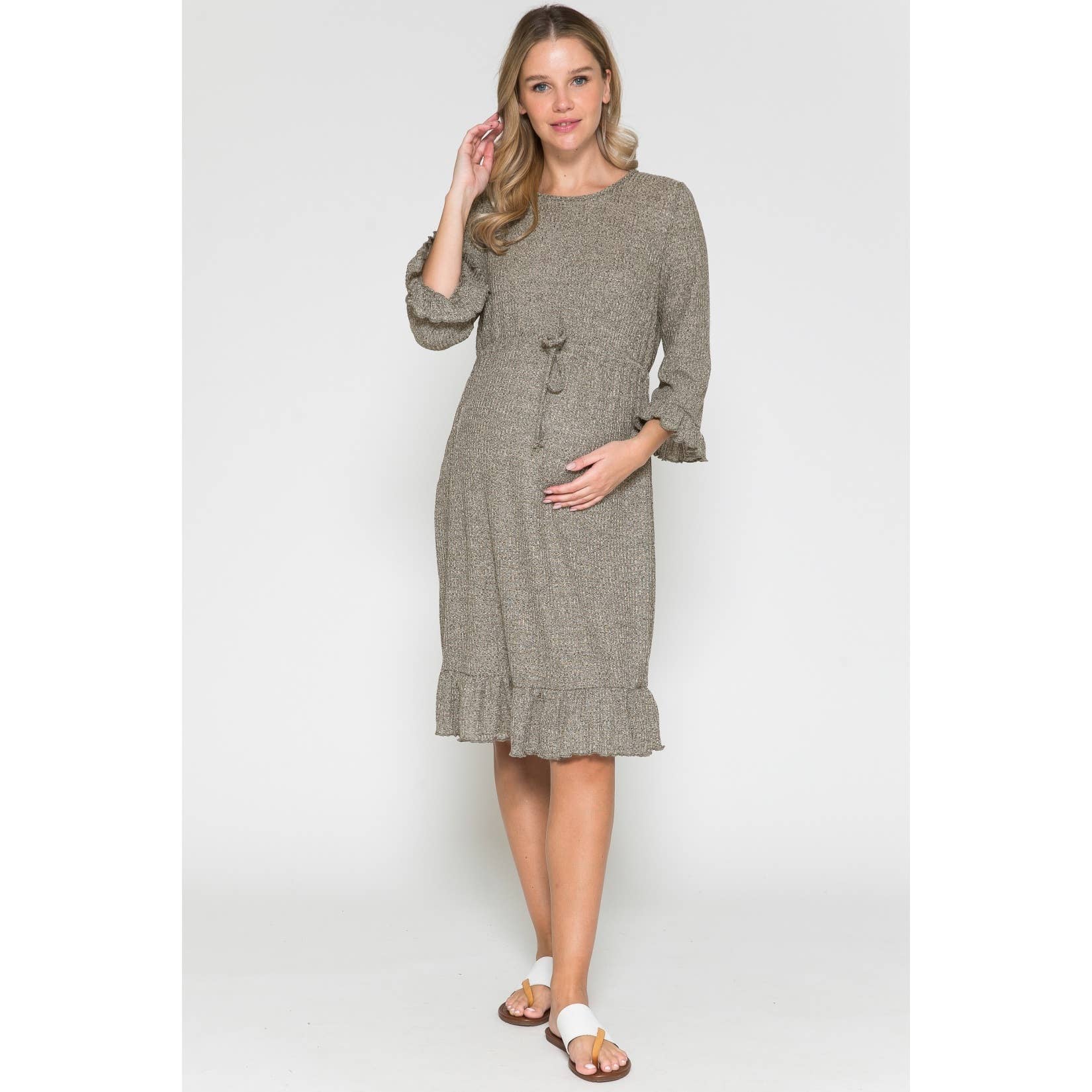 Story Teller - Women's Maternity Waist Tie Ruffle Sleeve Hem Midi Dress
