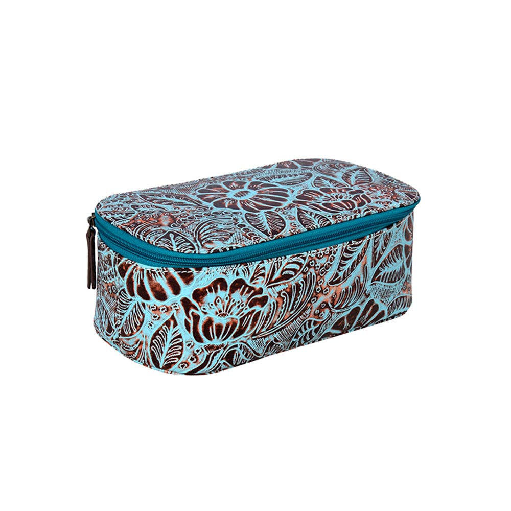 Zippered bag with a rounded shape, featuring a turquoise zipper and floral patterns, perfect for travel or grooming essentials.