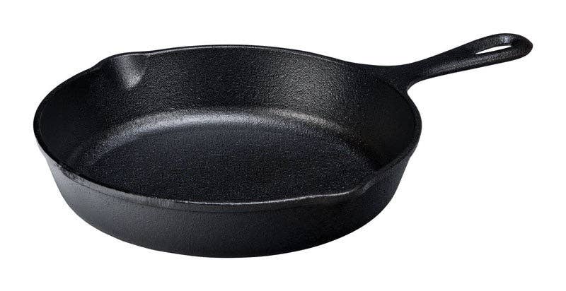 A 9-inch Lodge cast iron skillet with a smooth black interior, raised edge, and pour spout for easy cooking.