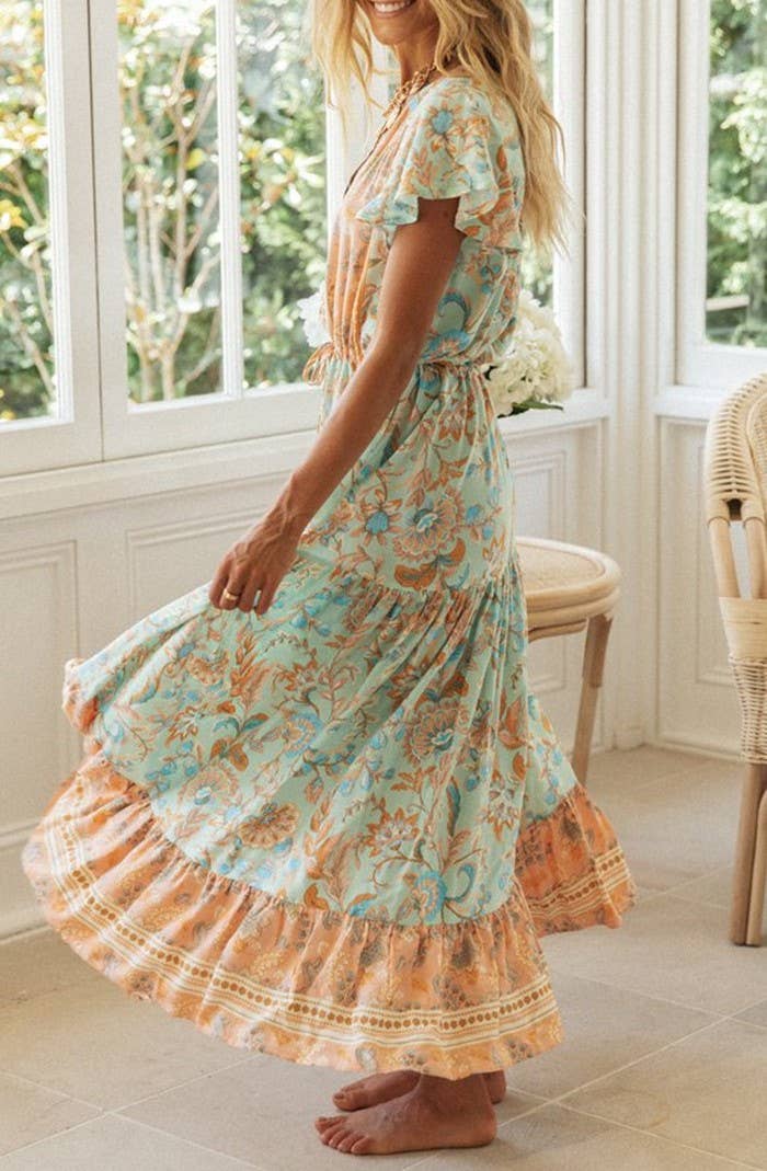Rosa Clothing - Bohemia Border Print Flutter Sleeve Maxi Dress