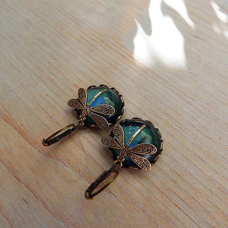 Vintage Dragonfly Green Crystal Drop Earrings