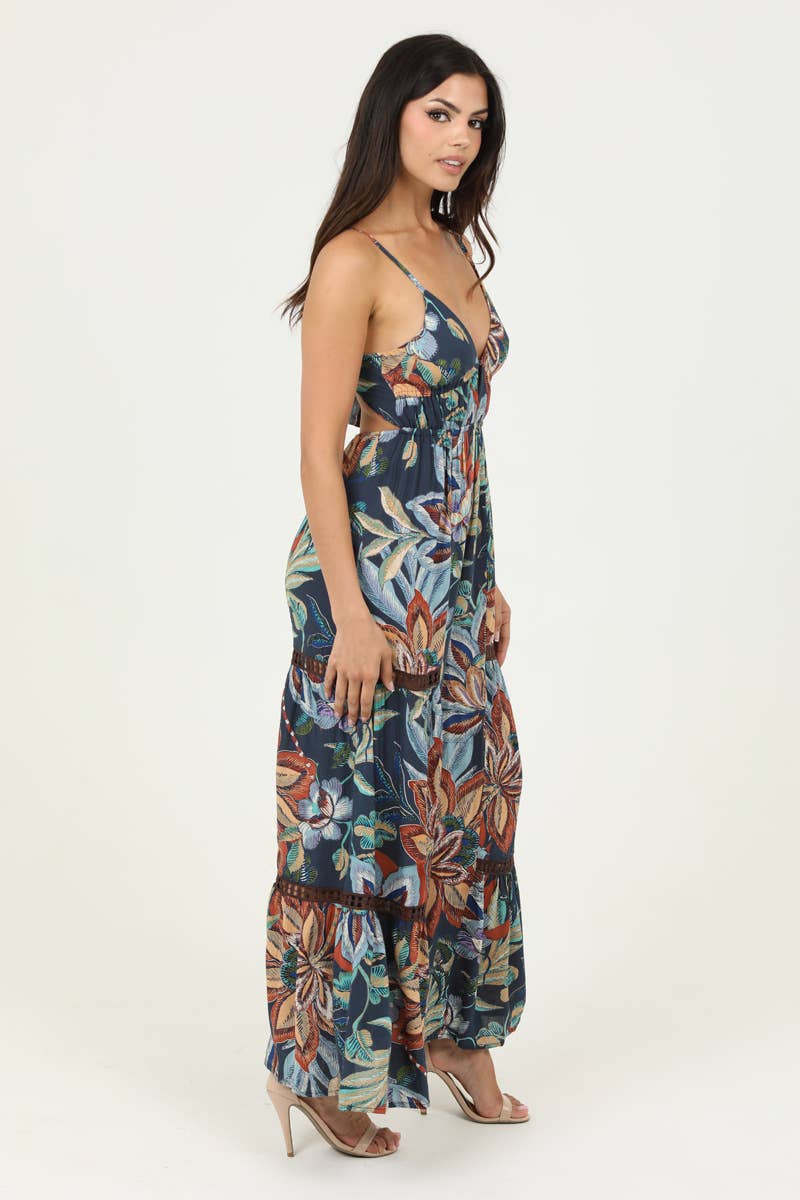 ANGIE - B5A99-FQ60 V NECK OPEN TIE BACK WIDE LEG WITH LACE INSET JUM