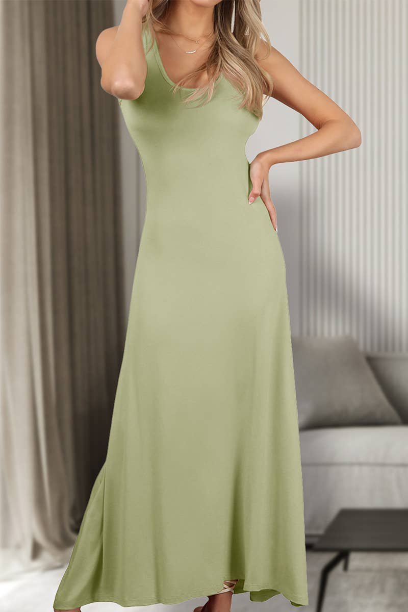 SLEEVELESS V-neck SOLID COLOR KNITTED LONG DRESS