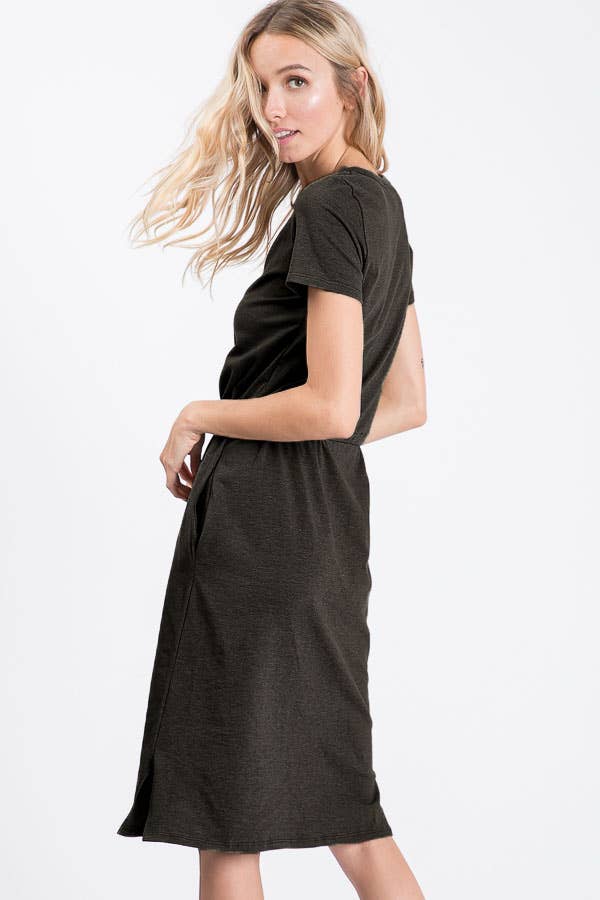 7th Ray - Everyday Drawstring Waist Side Pocket T-Shirt Dress D2465