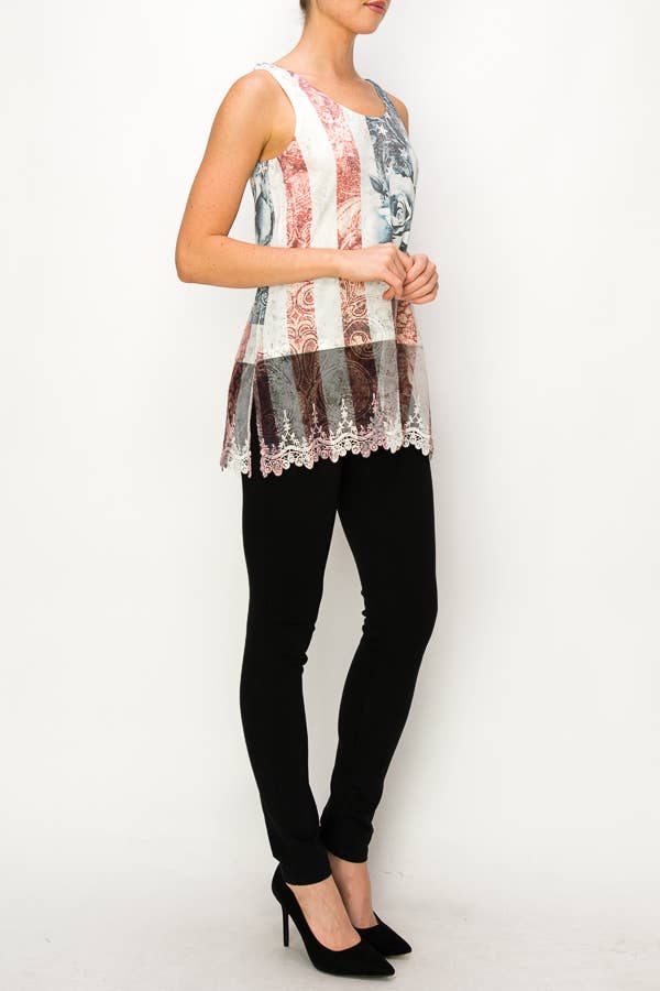 Origami Apparel ~  Lace and Crochet inspired - Soft Relaxed Tank With Delicate Floral Laced Hem - T08IVPATRIOTIC ROSE