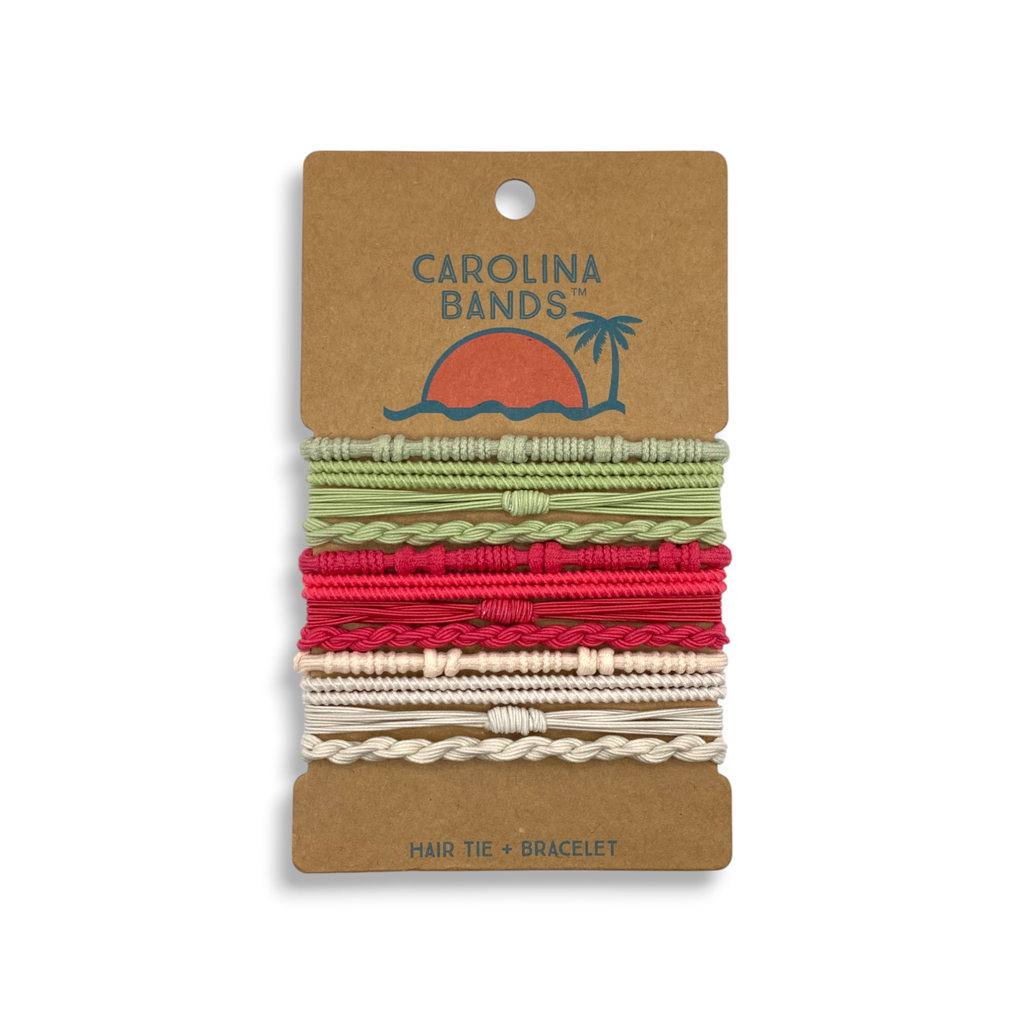 A set of hair tie bracelets in green, red, and beige, featuring a sun and palm tree design, perfect for everyday use.