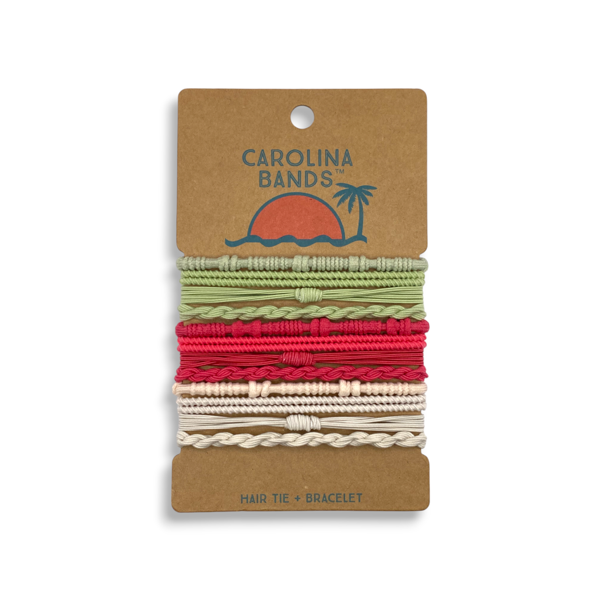 A set of hair tie bracelets in green, red, and beige, featuring a sun and palm tree design, perfect for everyday use.