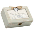 Petite wooden keepsake box with rustic design, silver heart locket, jute bow, and photo frame lid.