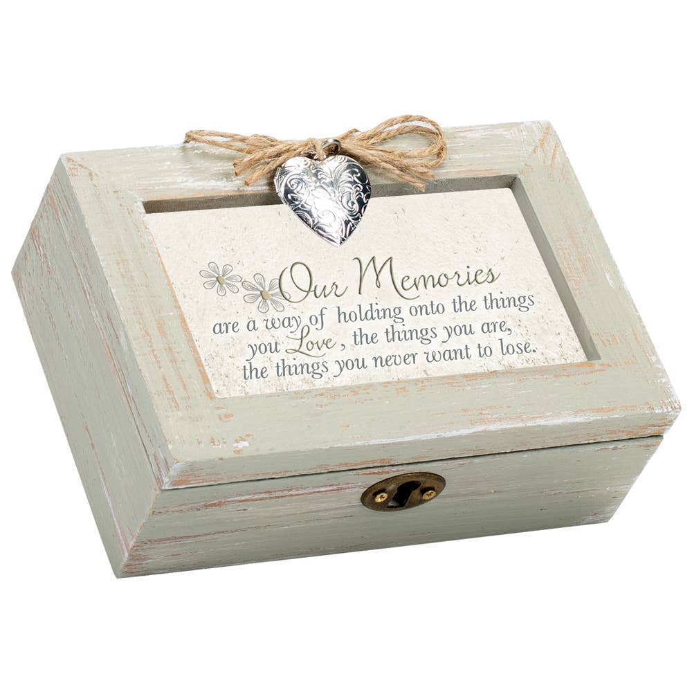 Petite wooden keepsake box with rustic design, silver heart locket, jute bow, and photo frame lid.
