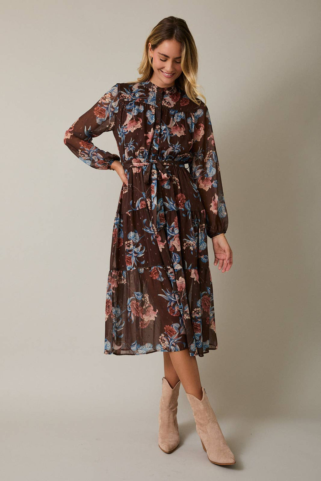 GILLI - ROUND NECK LONG SLEEVE BUTTON UP WAIST TIE FLORAL MIDI DRESS