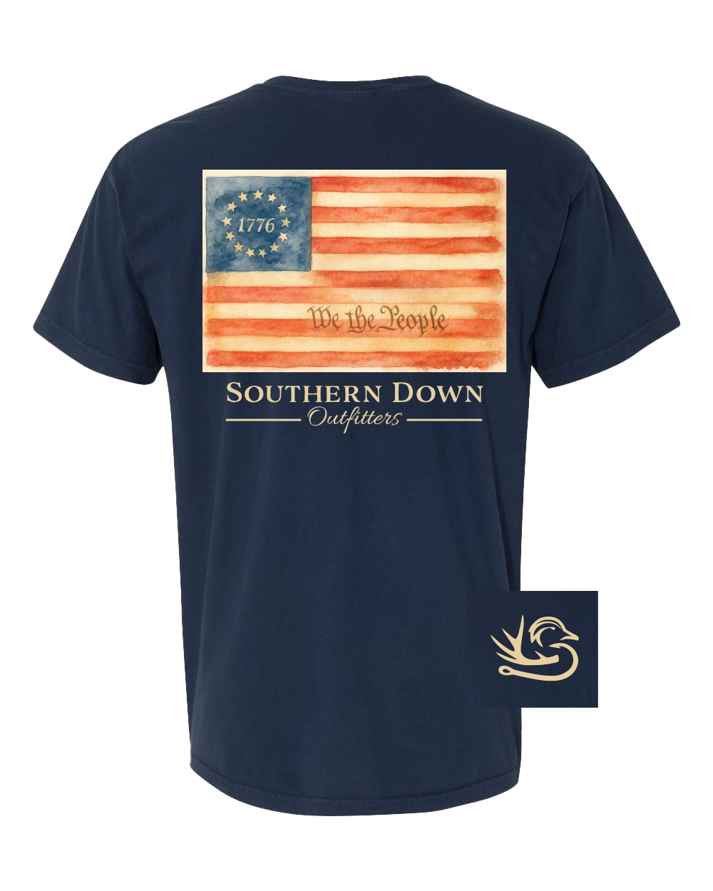 Navy We The People Tee featuring an American flag graphic on the back, designed by Southern Down Outfitters.