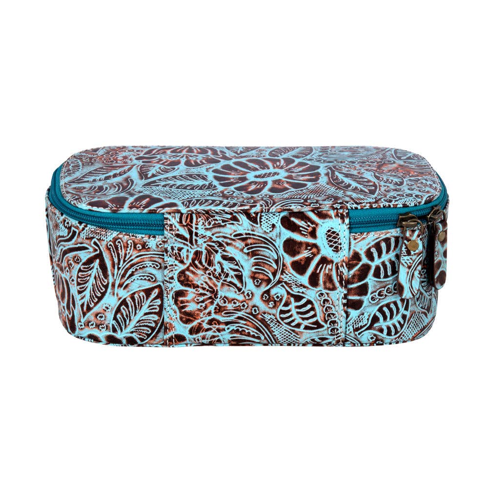 Zippered dopp kit with a floral pattern in turquoise and brown, featuring a wrap-around zipper for secure storage.
