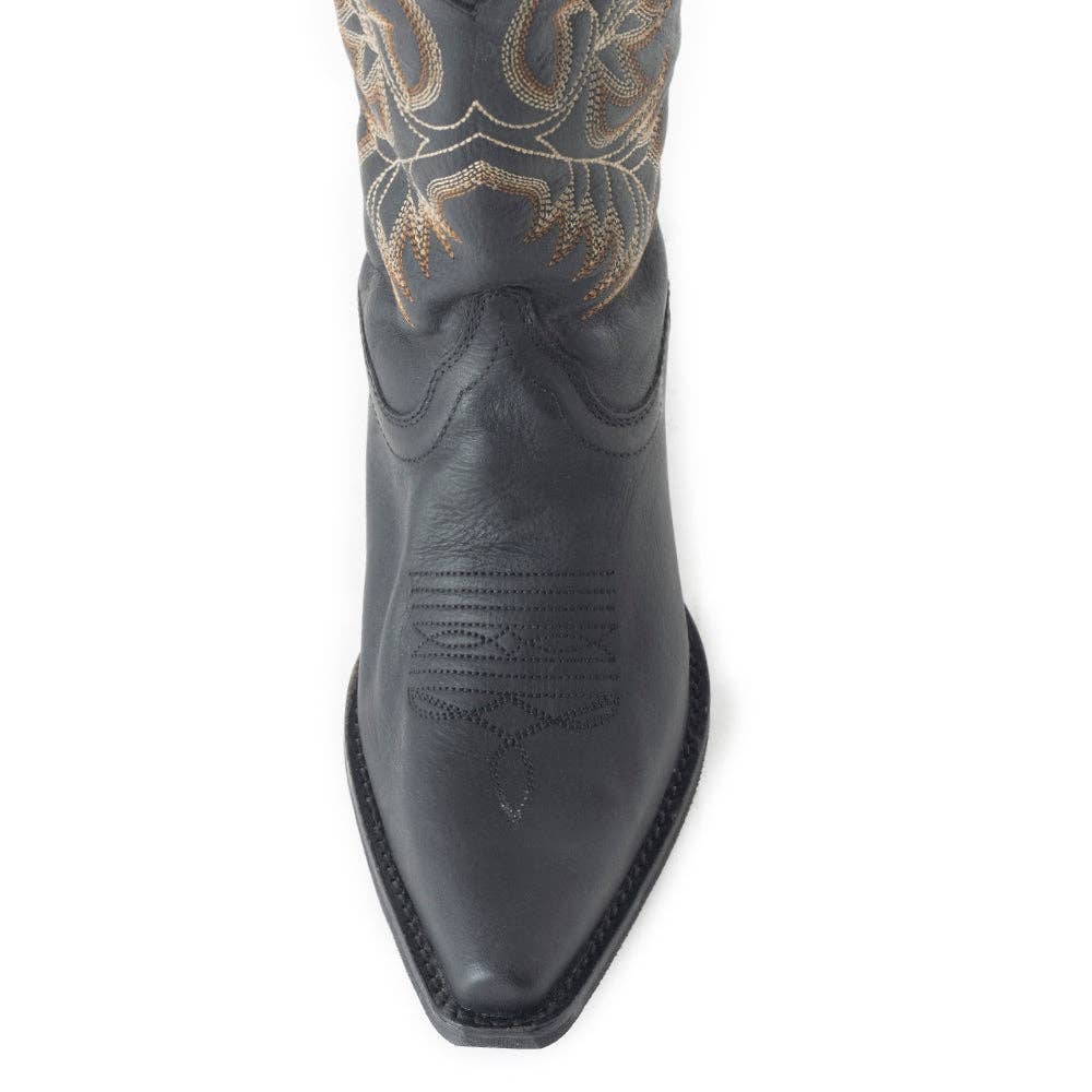 Dark blue leather Fresco boot with engraved designs, featuring a pointed toe and a 12-inch shaft with a 1.97-inch heel.