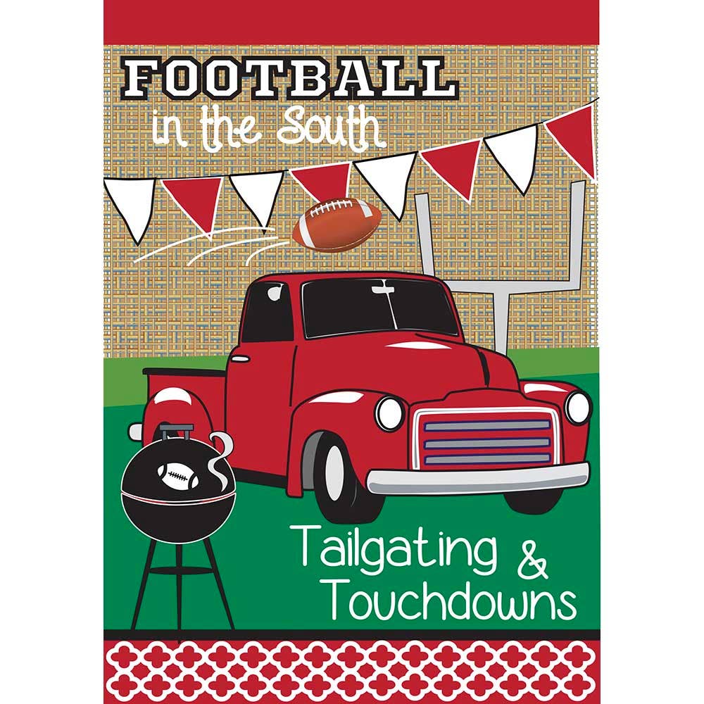 Red truck and football-themed flag featuring 'Football in the South' and 'Tailgating & Touchdowns' text with decorative elements.