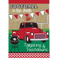 Red truck and football-themed flag featuring 'Football in the South' and 'Tailgating & Touchdowns' text with decorative elements.