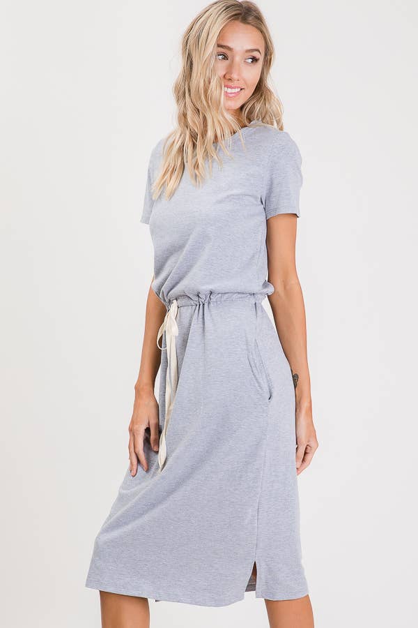 7th Ray - Everyday Drawstring Waist Side Pocket T-Shirt Dress D2465